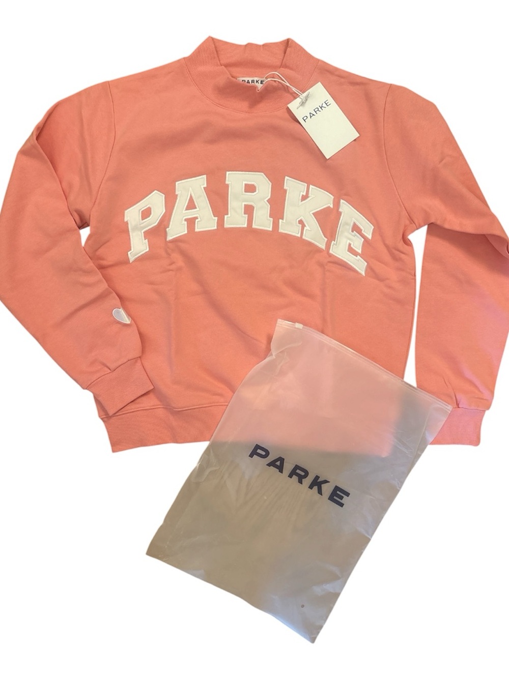 PARKE NWT Pink Logo Mock Neck Sweatshirt Heart Sleeve Appliqué Women Preppy